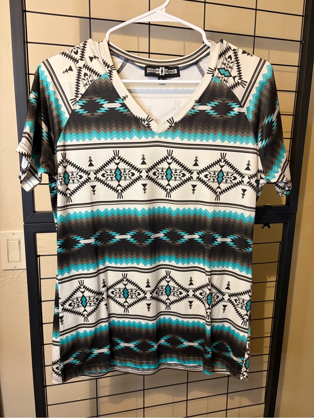 Tribal Print V-Neck Tee in Teal, Black & Cream